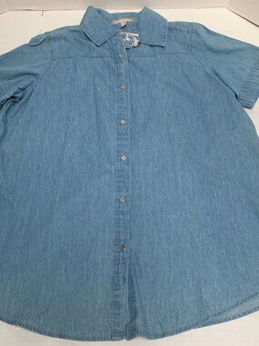 NWOT Woman Within Short Sleeve Size Medium 14-16 Ltwt Cotton Denim Shirt Blouse